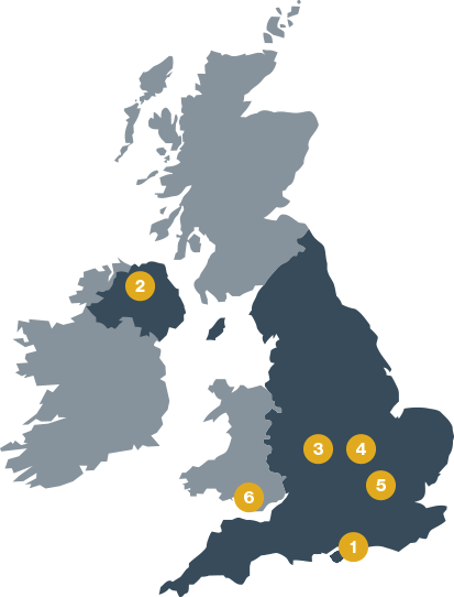 UK map image with 6 links to explore evidence for ENTRESTO efficacy and safety in the real-world setting. 1. South of England. 2. Northern Ireland. 3. West Midlands. 4. University Hospitals Coventry & Warwickshire. 5. West Suffolk Hospital. 6. Cardiff.