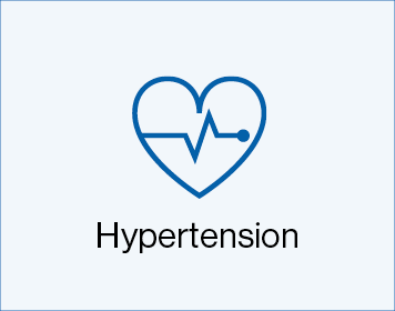 Blue box with a blue heart with ECG line going through it with text saying 'Hypertension'.